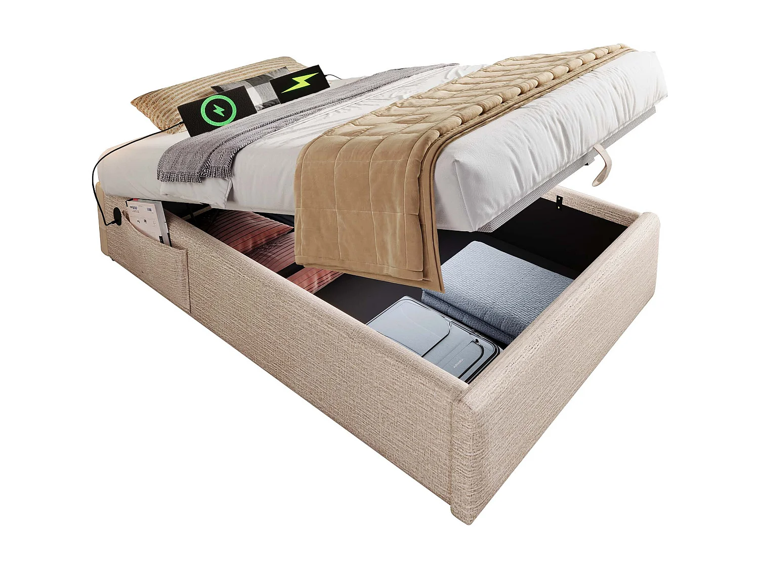 Lit coffre enfant 90x200 cm avec Charge USB-C, Sans Tête de Lit, Tissu en Lin beige(sans matelas)