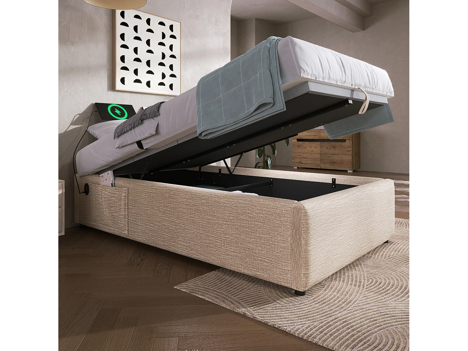 Lit coffre enfant 90x200 cm avec Charge USB-C, Sans Tête de Lit, Tissu en Lin beige(sans matelas)