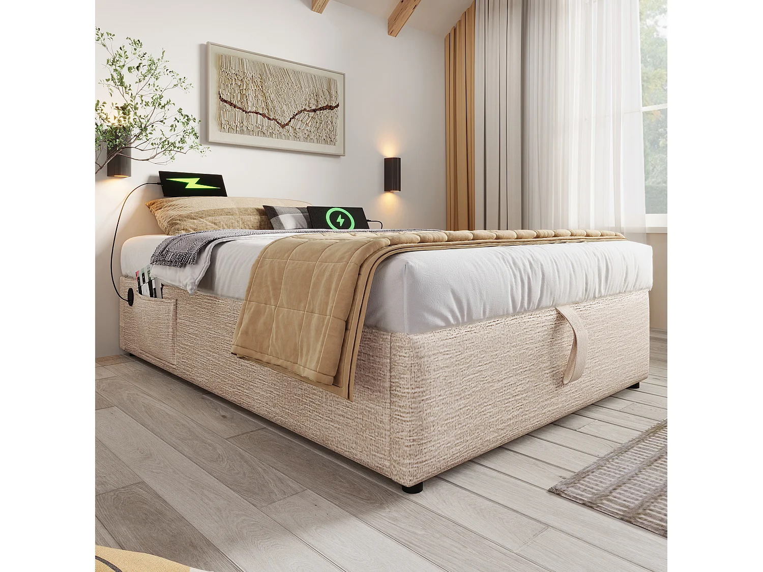 Lit coffre enfant 90x200 cm avec Charge USB-C, Sans Tête de Lit, Tissu en Lin beige(sans matelas)