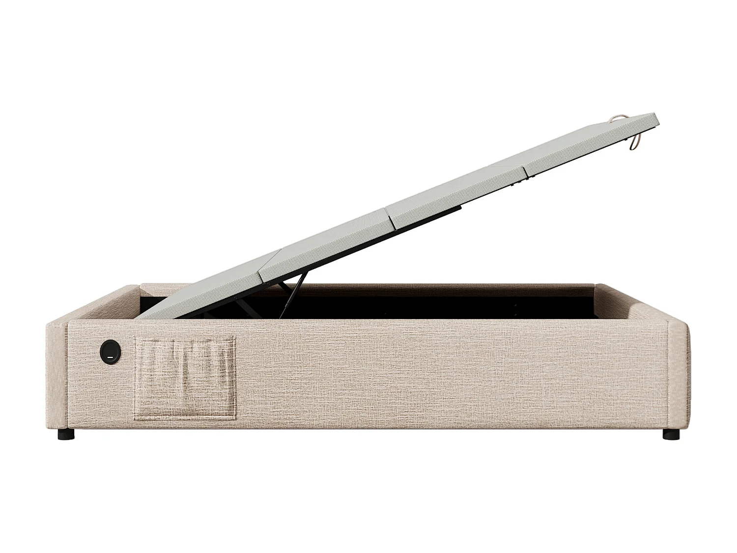 Lit coffre enfant 90x200 cm avec Charge USB-C, Sans Tête de Lit, Tissu en Lin beige(sans matelas)