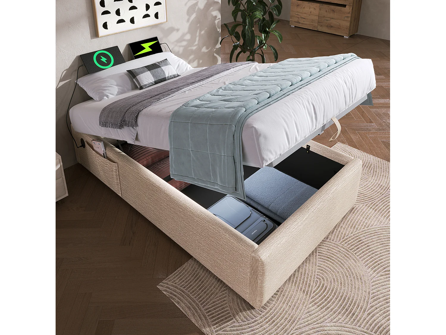 Lit coffre enfant 90x200 cm avec Charge USB-C, Sans Tête de Lit, Tissu en Lin beige(sans matelas)