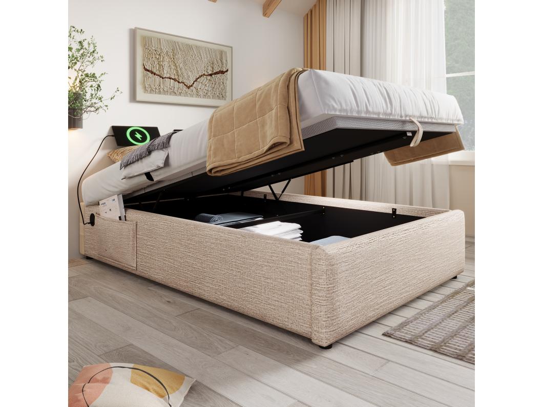 Eenpersoonsbed met opbergruimte 90x200 cm met USB-C-opladen, zonder hoofdbord, beige linnen stof (zonder matras)