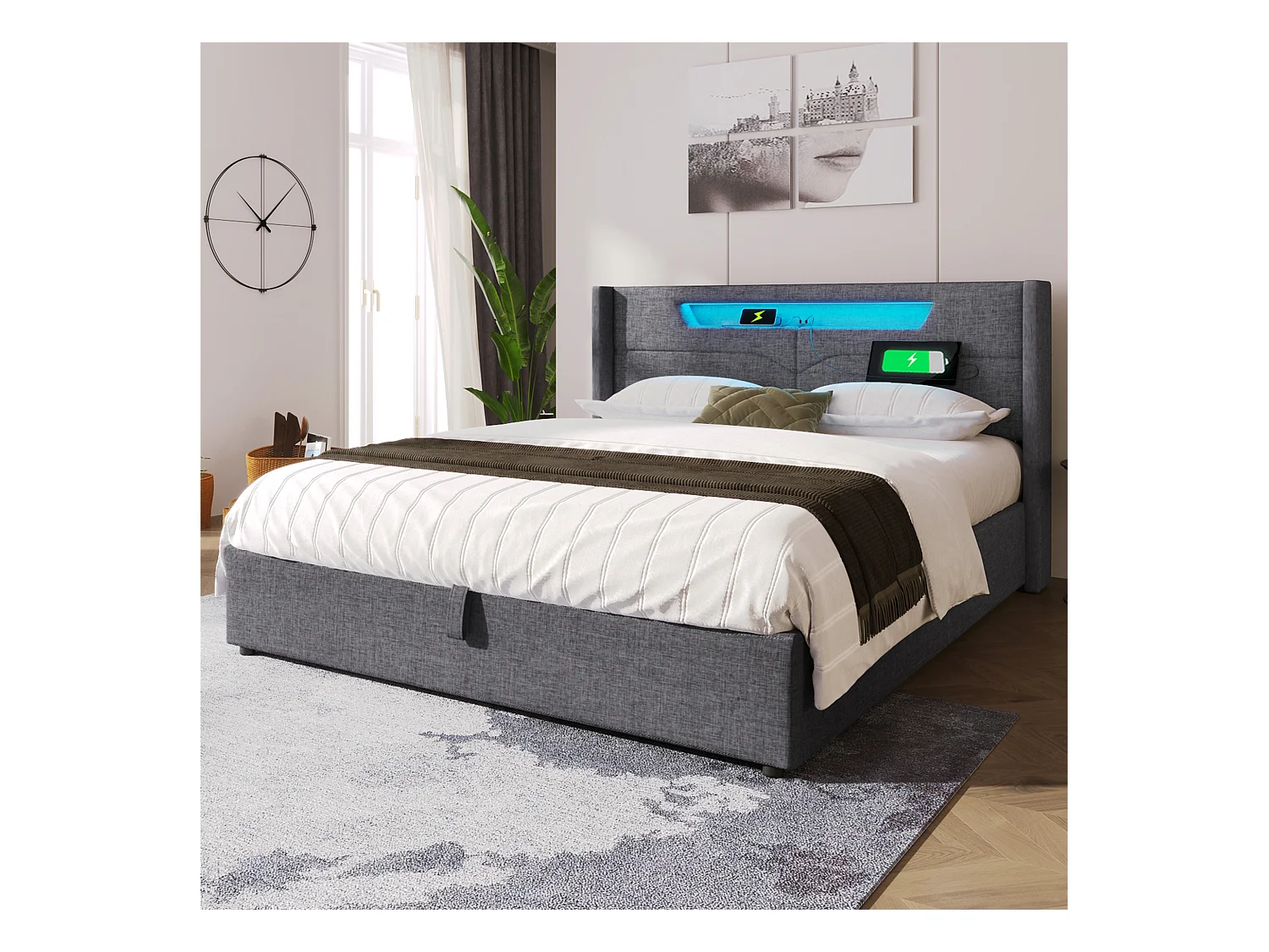 Lit coffre adulte 140x200 cm avec éclairage LED, fonction de chargement USB Type-C, cadre en lin (sans matelas)