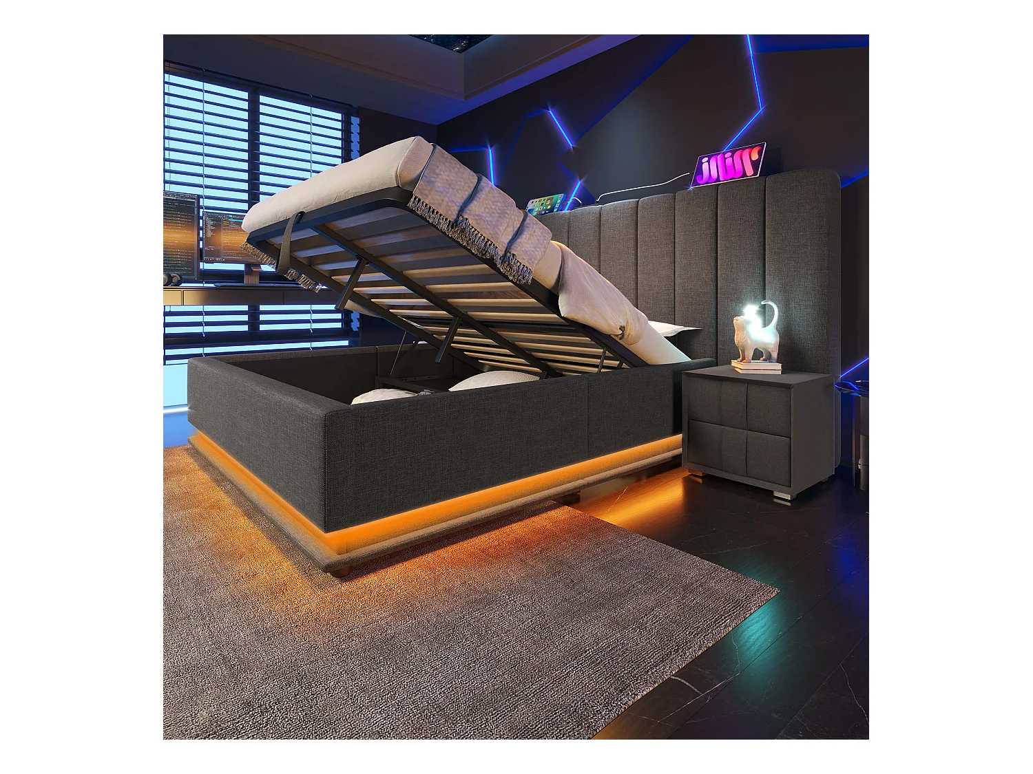 Tweepersoons opbergbed 180x200 cm met LED en USB-C opladen, grijze linnen frame (zonder matras en nachtkastjes)