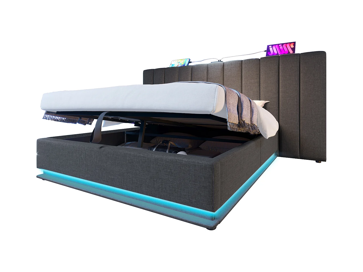 Tweepersoons opbergbed 180x200 cm met LED en USB-C opladen, grijze linnen frame (zonder matras en nachtkastjes)