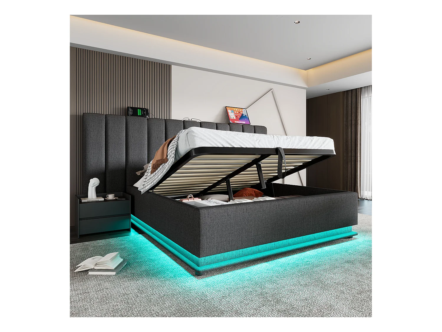 Tweepersoons opbergbed 180x200 cm met LED en USB-C opladen, grijze linnen frame (zonder matras en nachtkastjes)