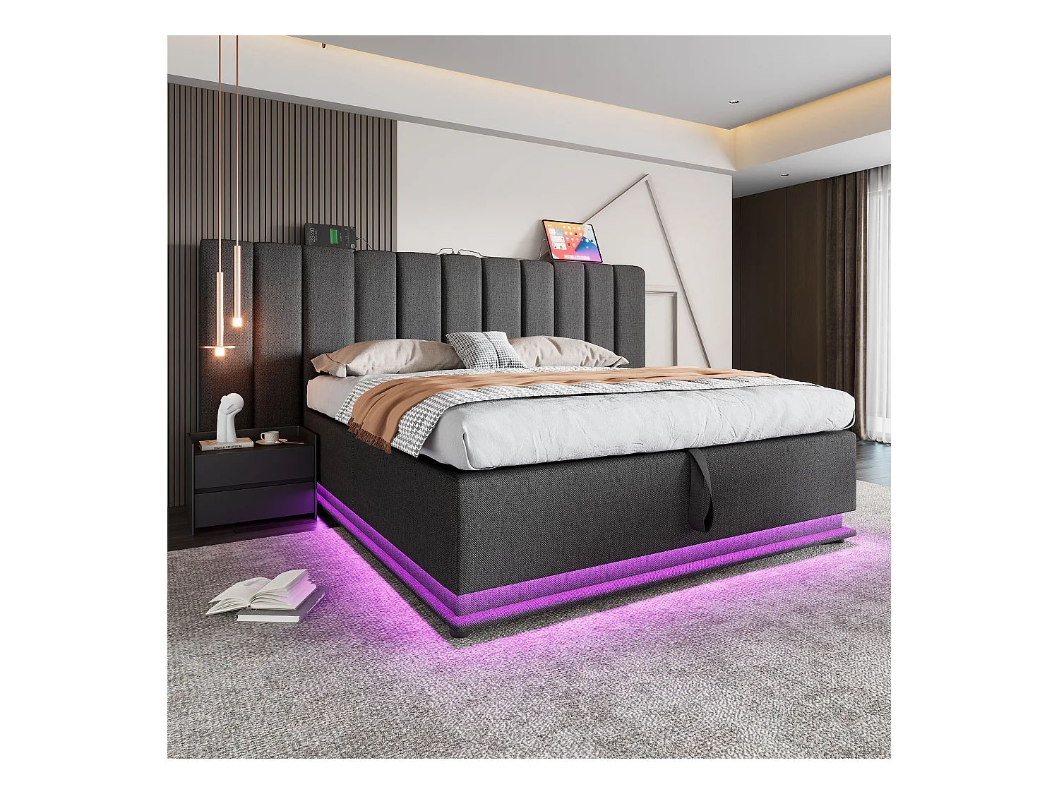 Tweepersoons opbergbed 180x200 cm met LED en USB-C opladen, grijze linnen frame (zonder matras en nachtkastjes)