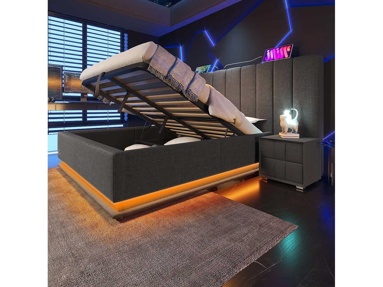 Lit coffre adulte 180x200 cm , avec LED te chargement USB-C, cadre en lin gris (sans matelas ni table de nuit)