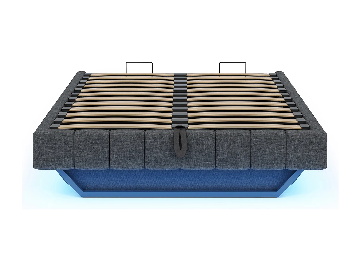 Lit rembourré 140x200 cm sans tête de lit – cadre flottant hydraulique, LED, rangement intégré – Lin gris (sans matelas)