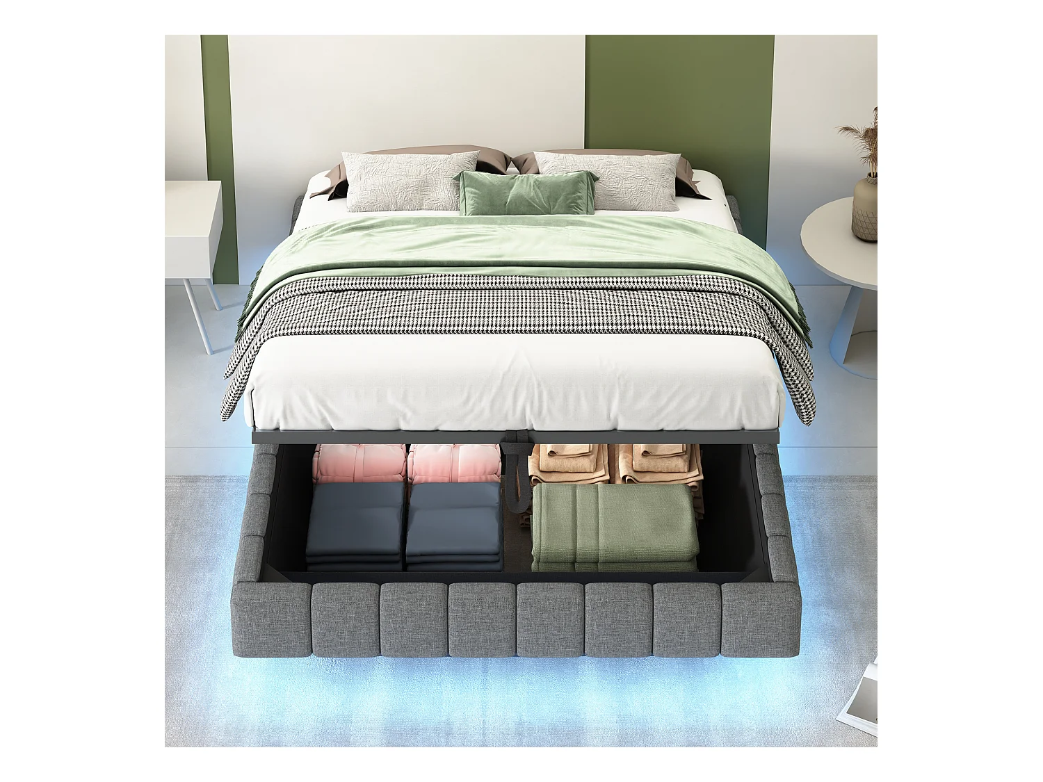 Lit rembourré 140x200 cm sans tête de lit – cadre flottant hydraulique, LED, rangement intégré – Lin gris (sans matelas)