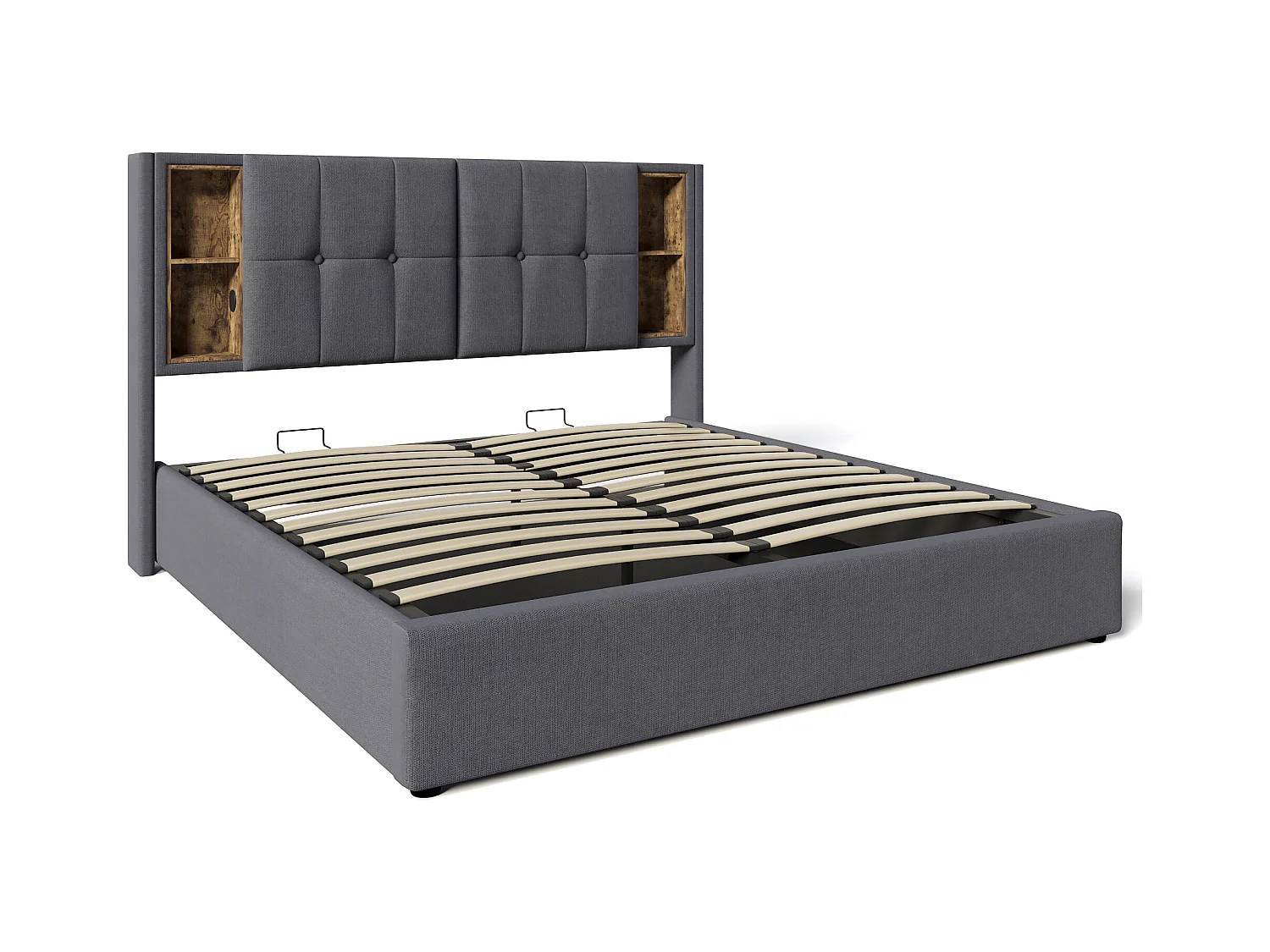Tweepersoons opbergbed 140x200 cm met draadloze USB-C oplader, houten frame en grijze katoenen stof (zonder matras)