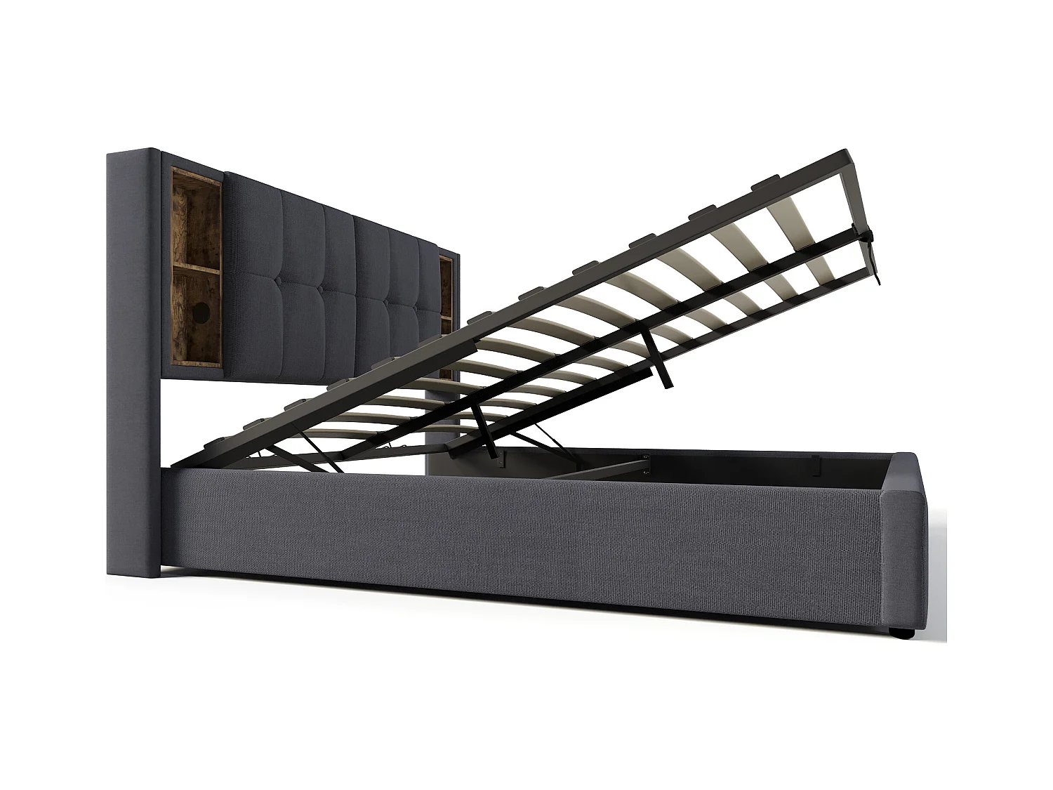 Tweepersoons opbergbed 140x200 cm met draadloze USB-C oplader, houten frame en grijze katoenen stof (zonder matras)