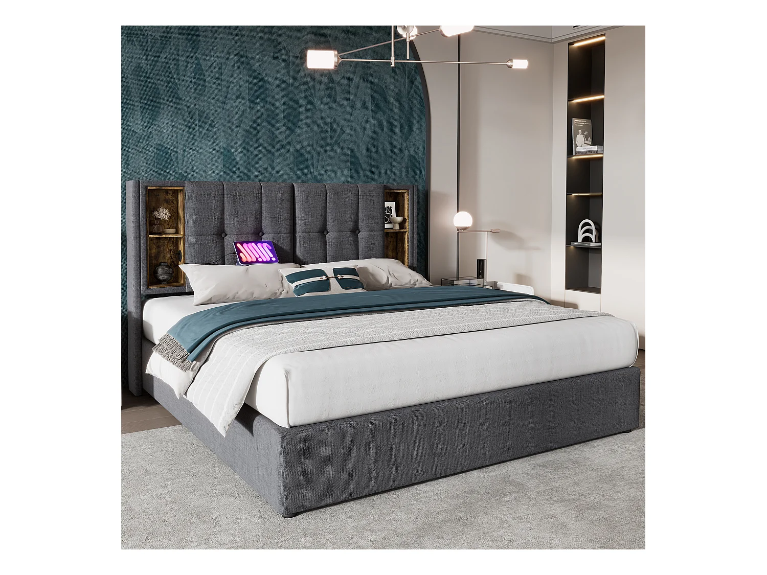 Lit coffre adulte 140x200 cm avec Chargeur USB-C Sans Fil, Cadre en Bois et Tissu Coton Gris (Sans Matelas)