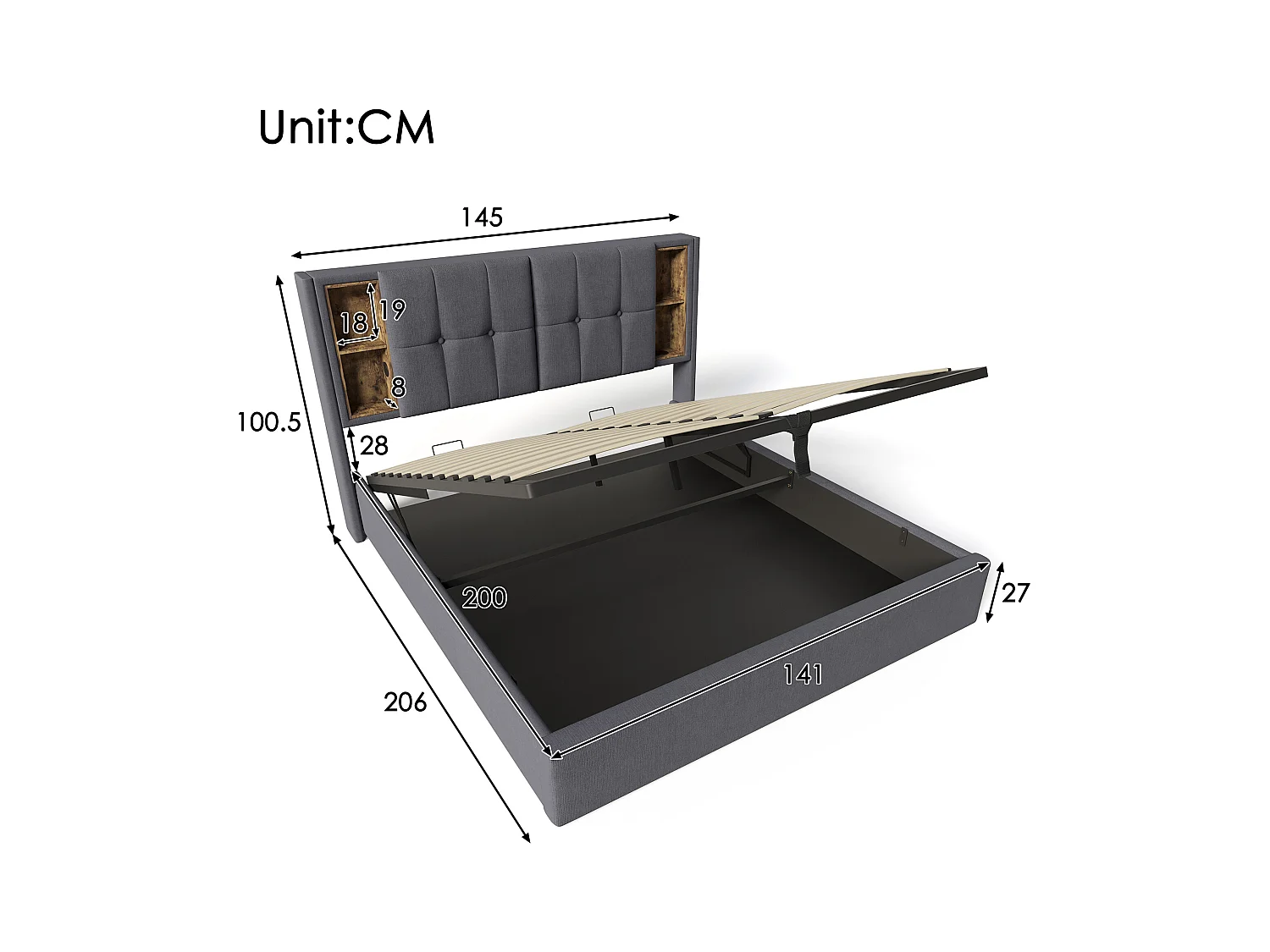 Lit coffre adulte 140x200 cm avec Chargeur USB-C Sans Fil, Cadre en Bois et Tissu Coton Gris (Sans Matelas)
