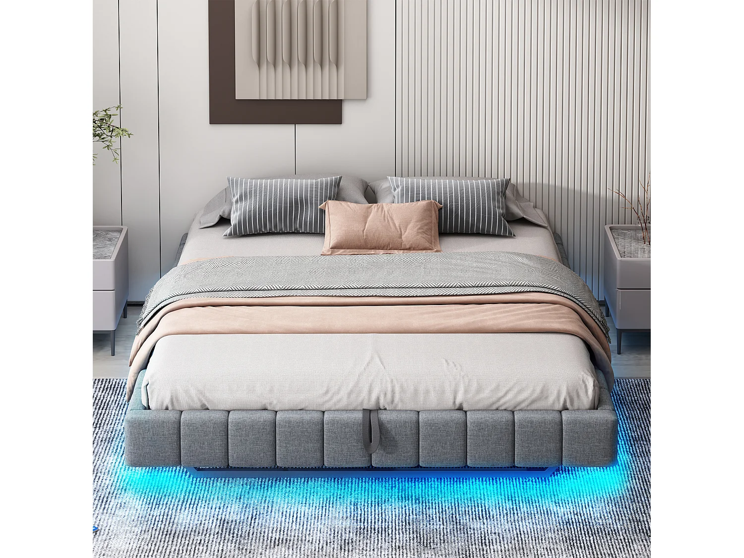 Gestoffeerd bed 180x200 cm zonder hoofdeinde – hydraulisch zwevend frame, LED, geïntegreerde opbergruimte – grijs linnen (zonder matras)