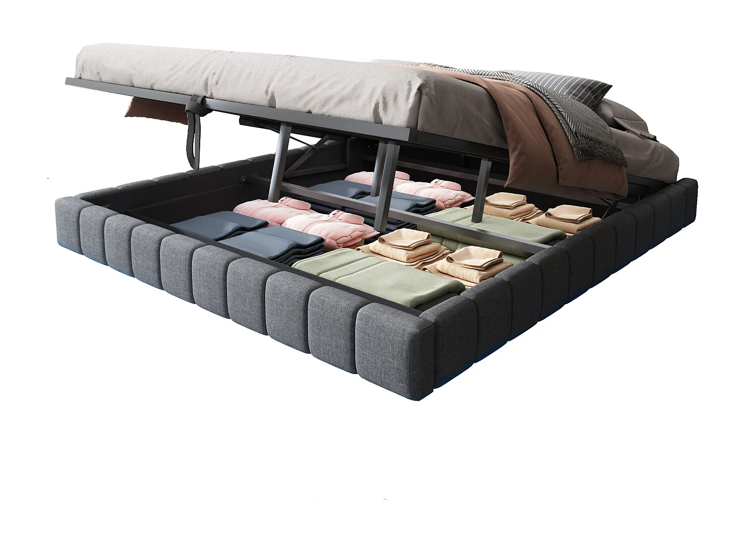 Gestoffeerd bed 180x200 cm zonder hoofdeinde – hydraulisch zwevend frame, LED, geïntegreerde opbergruimte – grijs linnen (zonder matras)