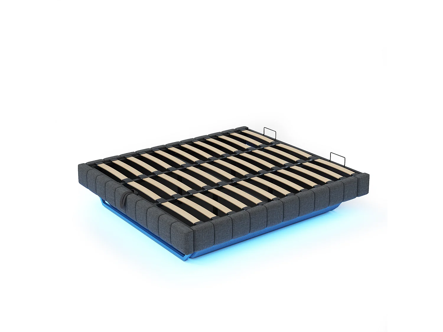 Gestoffeerd bed 180x200 cm zonder hoofdeinde – hydraulisch zwevend frame, LED, geïntegreerde opbergruimte – grijs linnen (zonder matras)