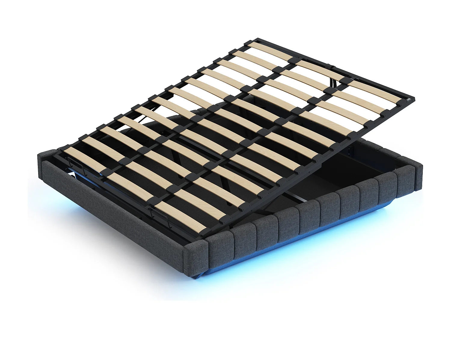 Gestoffeerd bed 180x200 cm zonder hoofdeinde – hydraulisch zwevend frame, LED, geïntegreerde opbergruimte – grijs linnen (zonder matras)