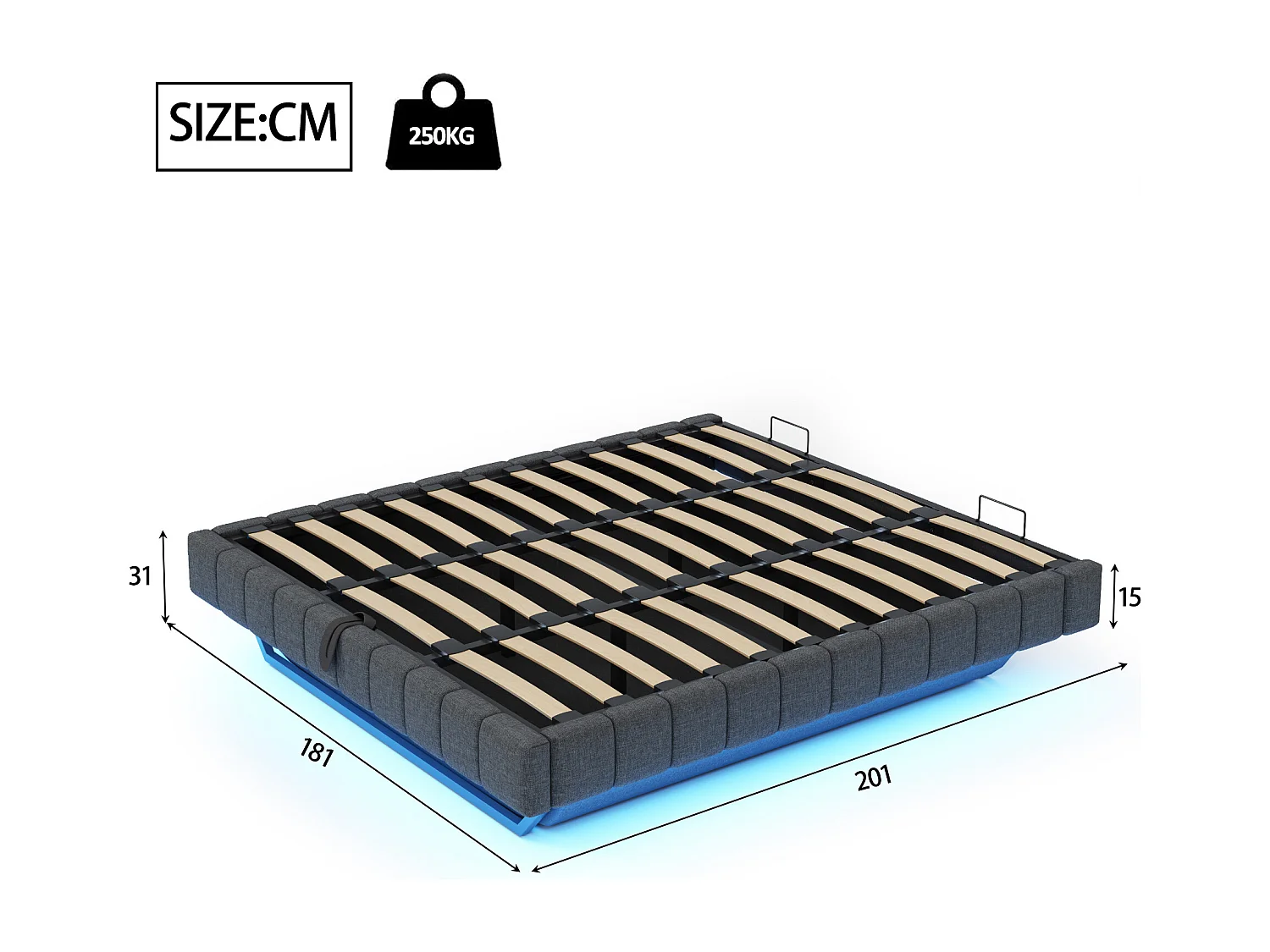 Lit coffre adulte rembourré 180x200 cm sans tête de lit – cadre flottant, LED– Lin gris (sans matelas)