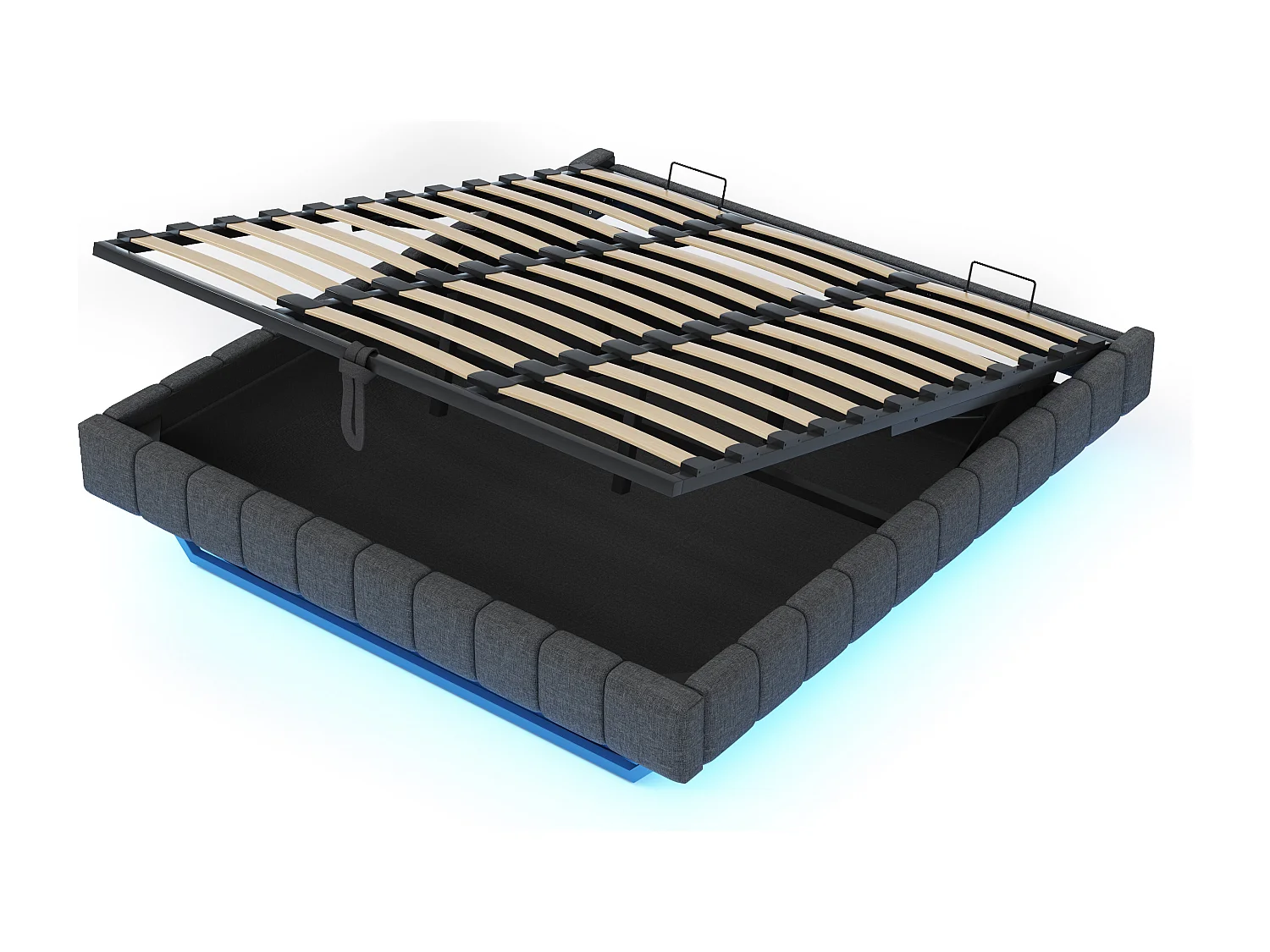 Lit coffre adulte rembourré 180x200 cm sans tête de lit – cadre flottant, LED– Lin gris (sans matelas)