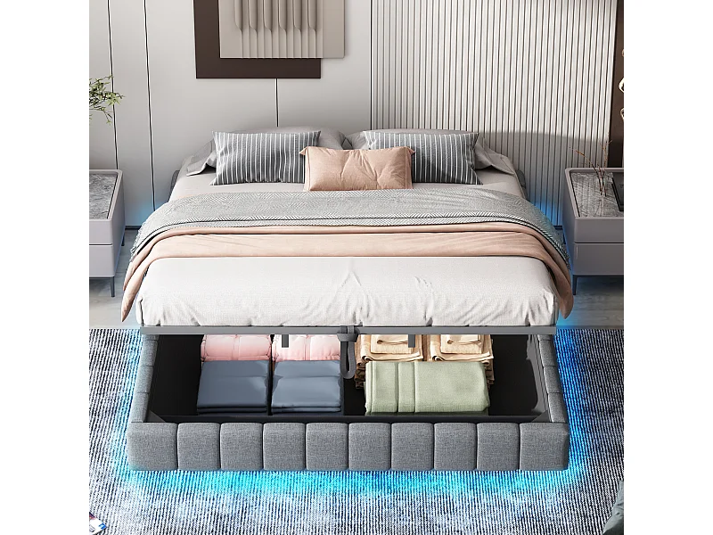 Lit coffre adulte rembourré 180x200 cm sans tête de lit – cadre flottant, LED– Lin gris (sans matelas)