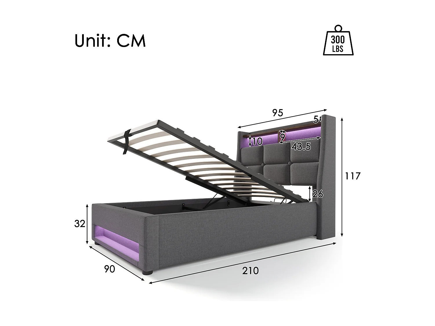 Lit coffre enfant 90x200 cm avec USB et éclairage LED, cadre en métal et lin (sans matelas)