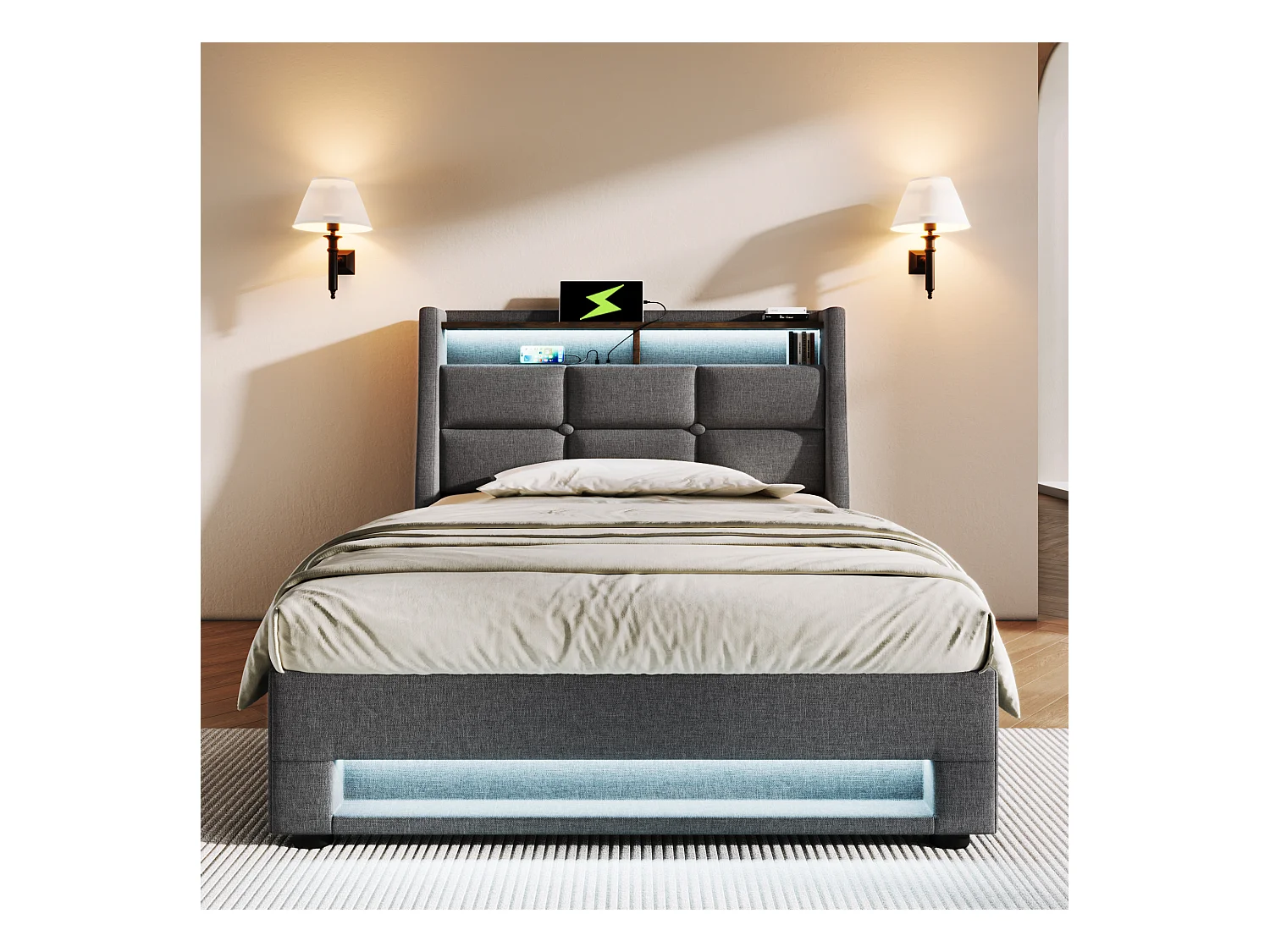 Eénpersoons opbergbed 90x200 cm met USB en LED-verlichting, metalen en linnen frame (zonder matras)
