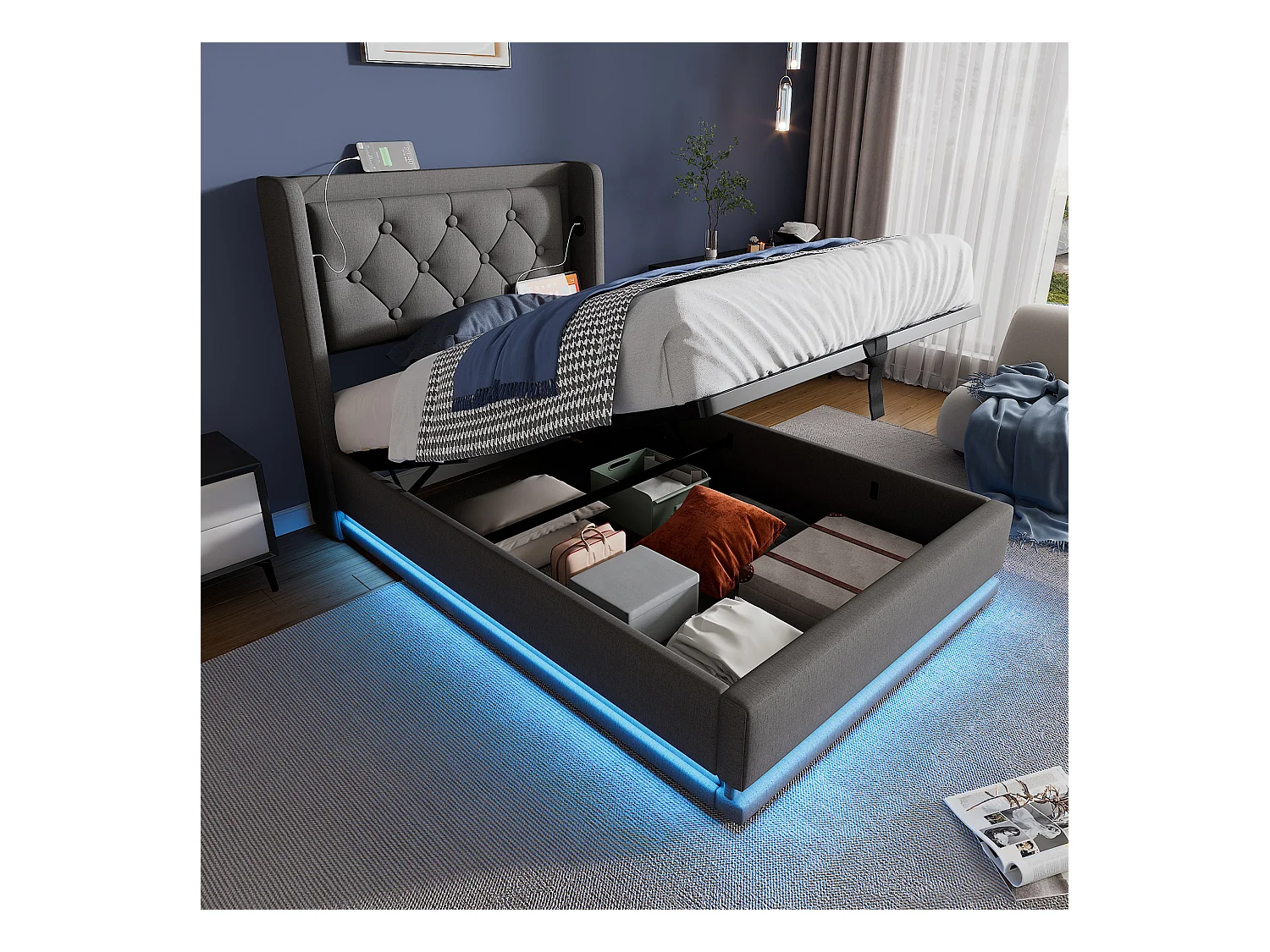 Lit coffre enfant 90x200 cm en coton gris, tête de lit avec USB Type-C, éclairage LED sur 3 côté, sans matelas