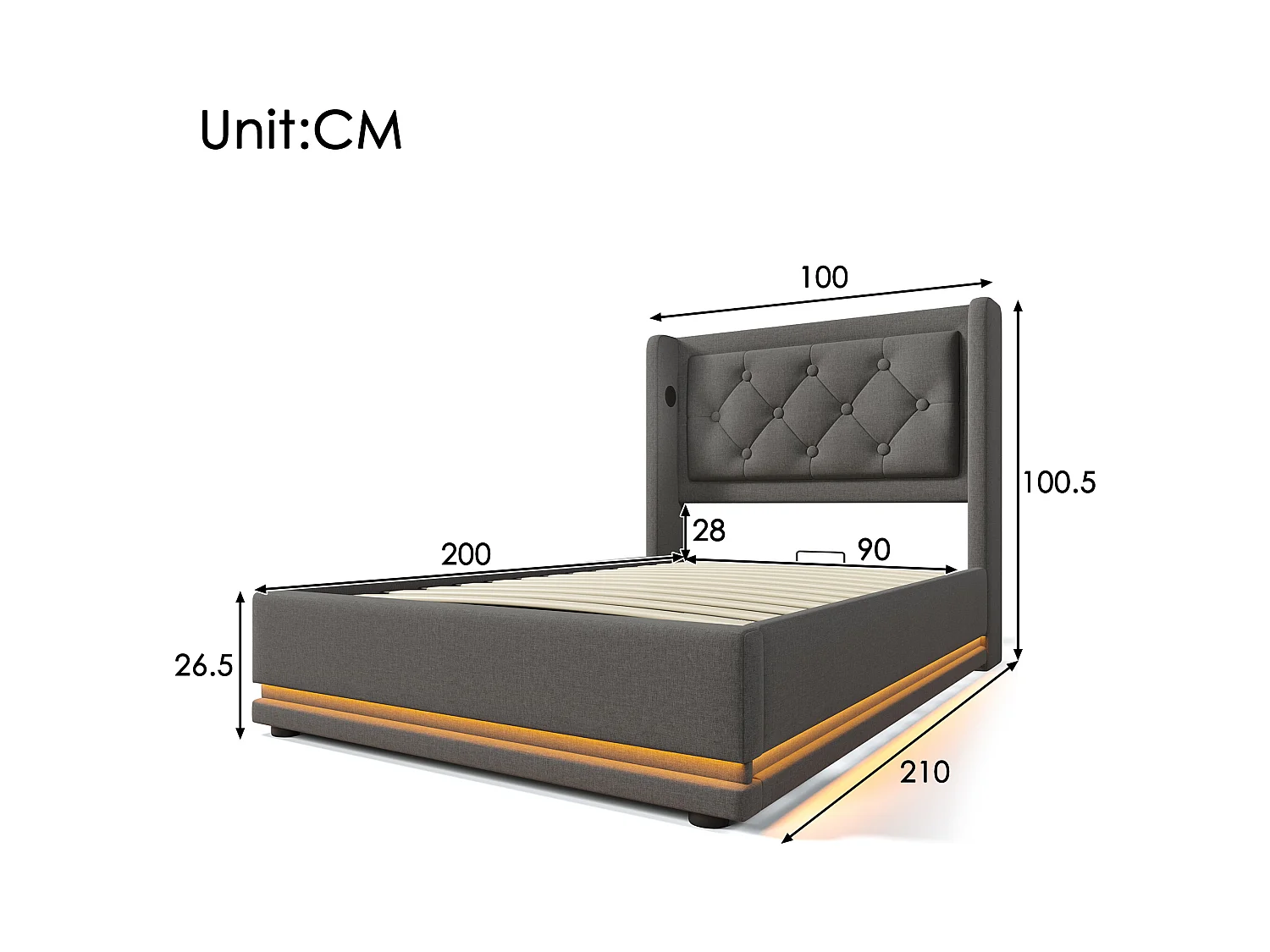 Lit coffre enfant 90x200 cm en coton gris, tête de lit avec USB Type-C, éclairage LED sur 3 côté, sans matelas