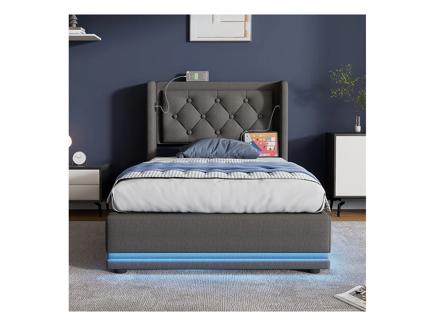 Lit coffre enfant 90x200 cm en coton gris, tête de lit avec USB Type-C, éclairage LED sur 3 côté, sans matelas