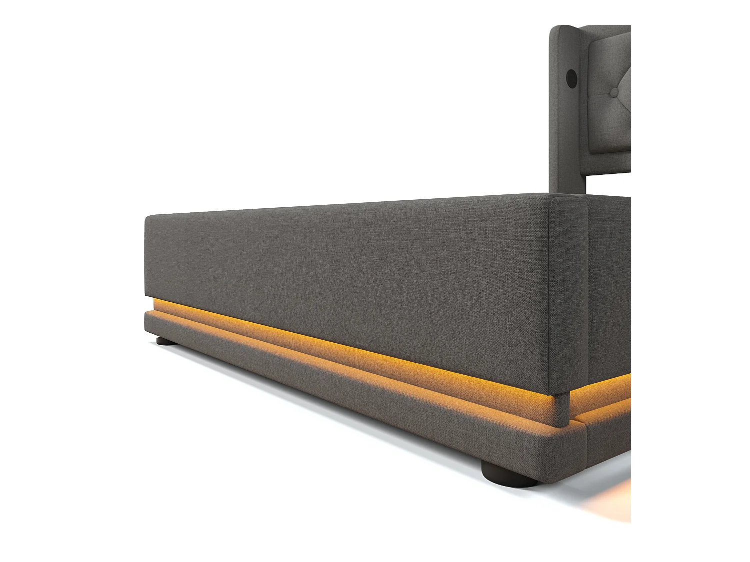 Lit coffre enfant 90x200 cm en coton gris, tête de lit avec USB Type-C, éclairage LED sur 3 côté, sans matelas