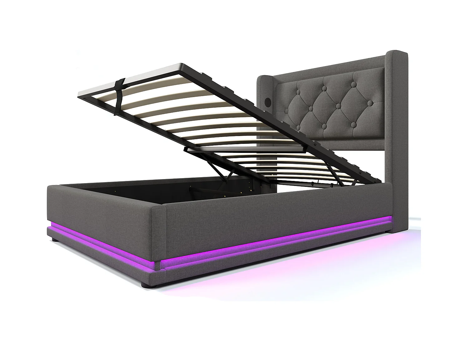 Lit coffre enfant 90x200 cm en coton gris, tête de lit avec USB Type-C, éclairage LED sur 3 côté, sans matelas