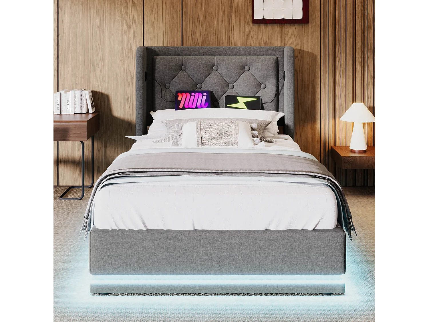 Lit coffre enfant 90x200 cm en coton gris, tête de lit avec USB Type-C, éclairage LED sur 3 côté, sans matelas