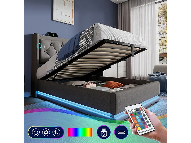 Eenpersoonsbed met opbergruimte 90x200 cm van grijs katoen, hoofdbord met USB Type-C en LED-verlichting aan 3 zijden (zonder matras)