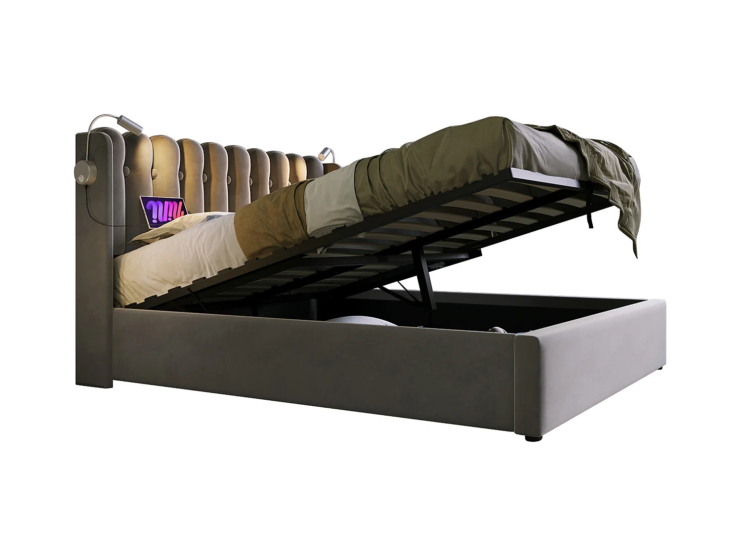 Lit 140x200 lit coffre adulte en velours gris -  LED/USB - Rangement - Sans matelas