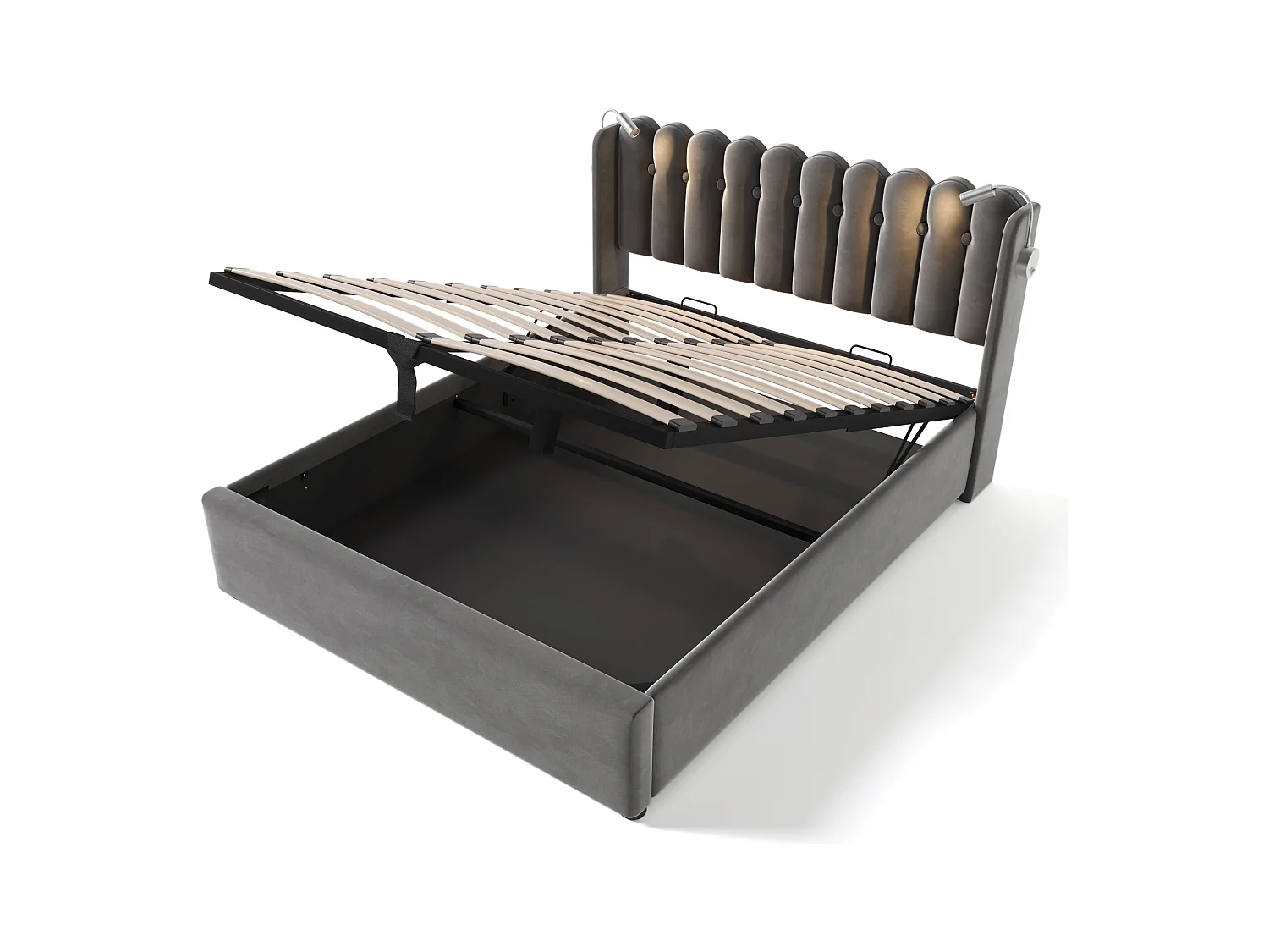 Lit 140x200 lit coffre adulte en velours gris -  LED/USB - Rangement - Sans matelas