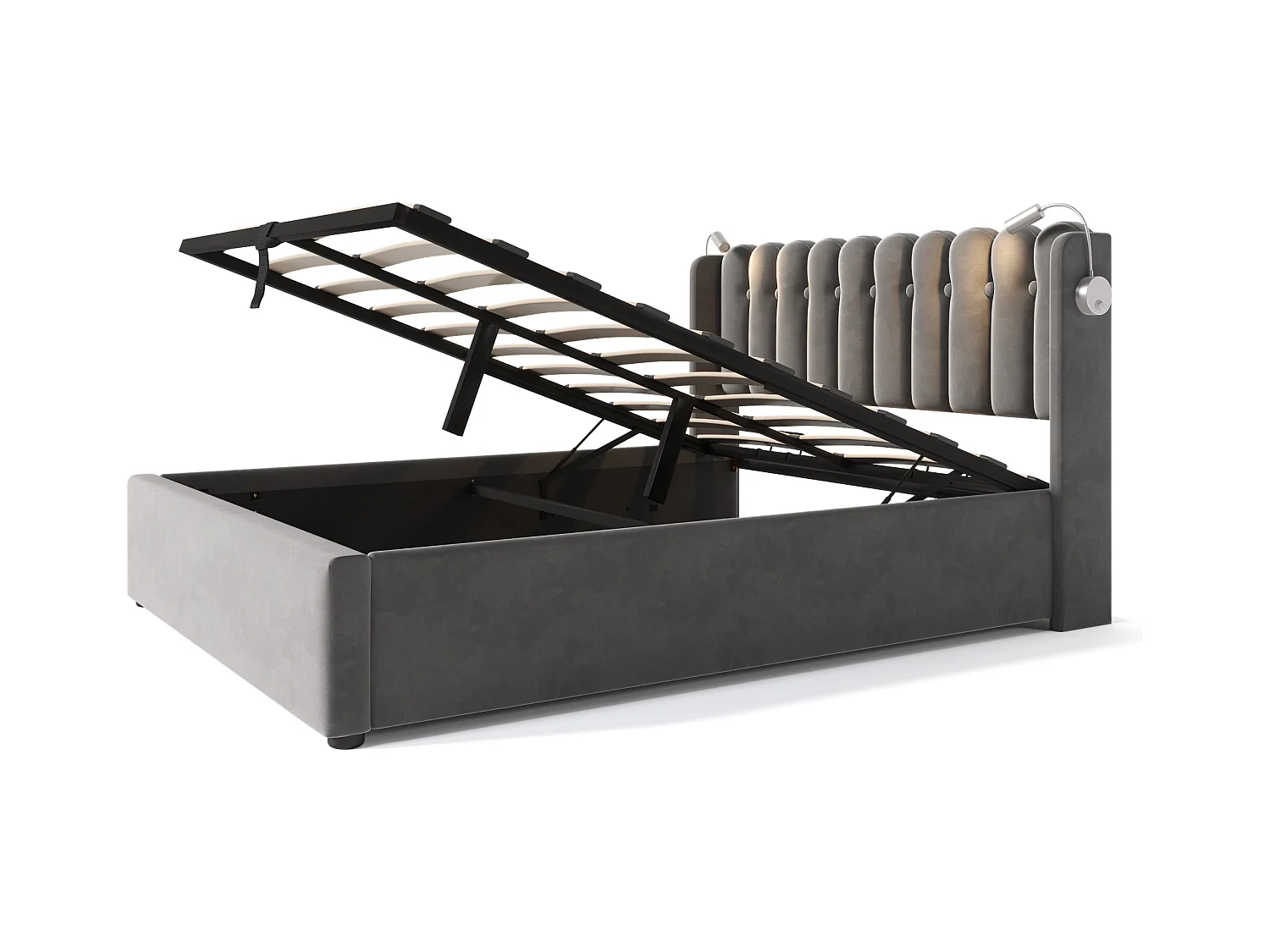 Lit 140x200 lit coffre adulte en velours gris -  LED/USB - Rangement - Sans matelas