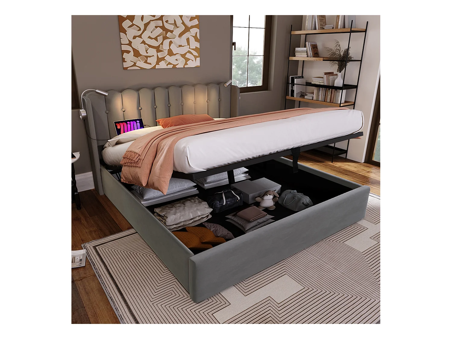 Lit 140x200 lit coffre adulte en velours gris -  LED/USB - Rangement - Sans matelas
