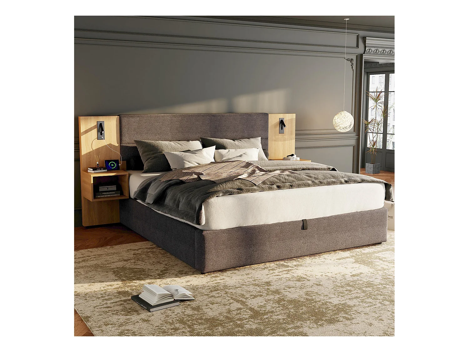 Lit coffre double 180x200 cm avec oreilles larges, USB, éclairage intégré, deux tables de nuit, en velours gris(sans matelas)
