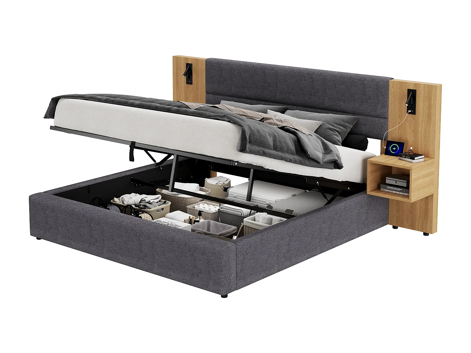 Lit coffre double 180x200 cm avec oreilles larges, USB, éclairage intégré, deux tables de nuit, en velours gris(sans matelas)