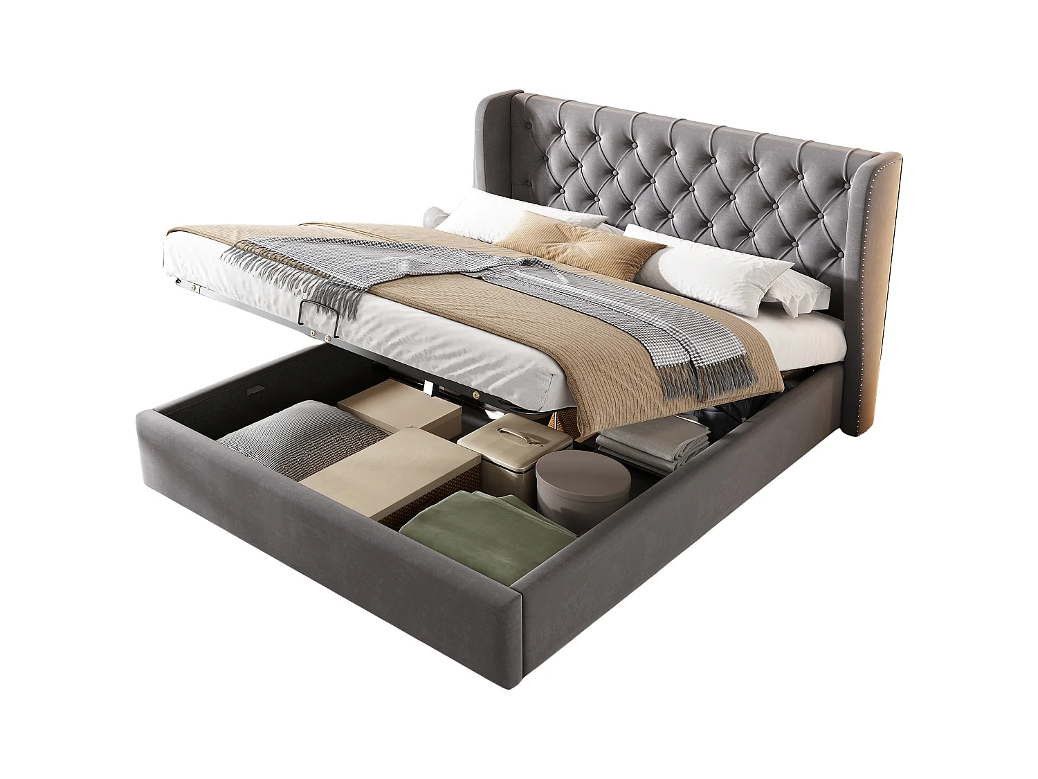 Lit coffre adulte 140x200 cm en forme d'oreilles, en velours gris avec grands boutons(sans matelas)