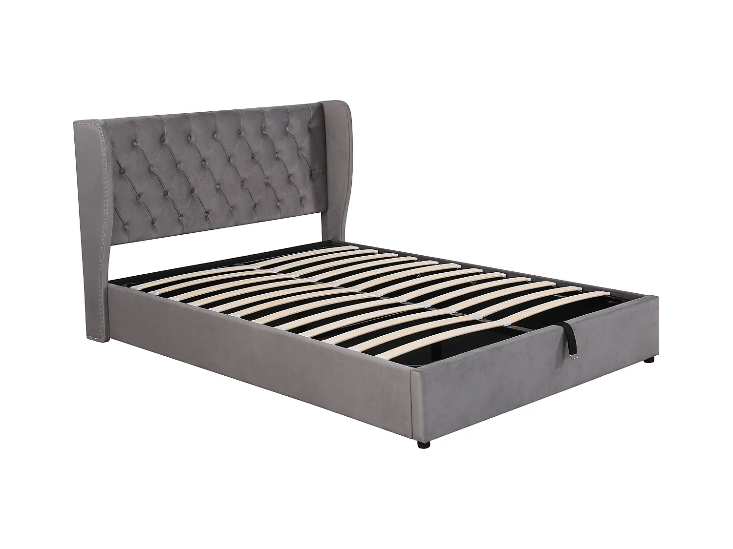 Lit coffre adulte 140x200 cm en forme d'oreilles, en velours gris avec grands boutons(sans matelas)