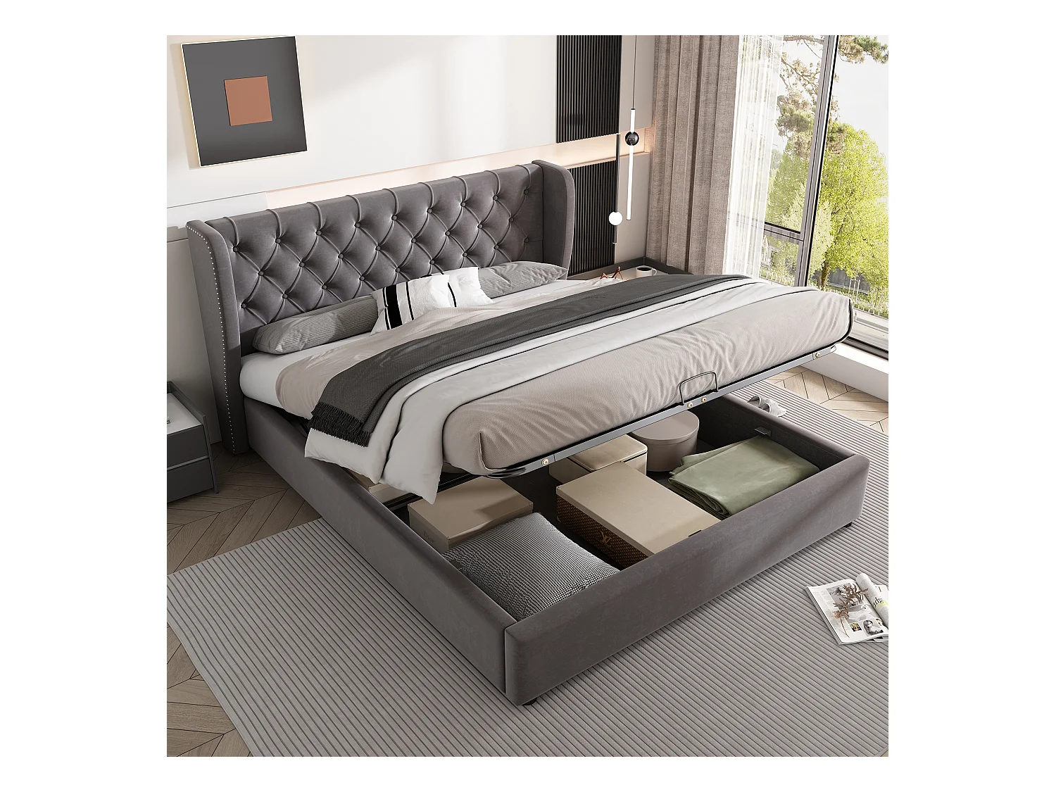 Lit coffre adulte 140x200 cm en forme d'oreilles, en velours gris avec grands boutons(sans matelas)