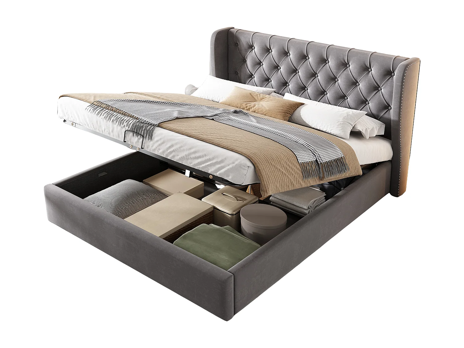 Cama baú dupla 140x200 cm em forma de orelhas, veludo cinza com botões grandes (sem colchão)