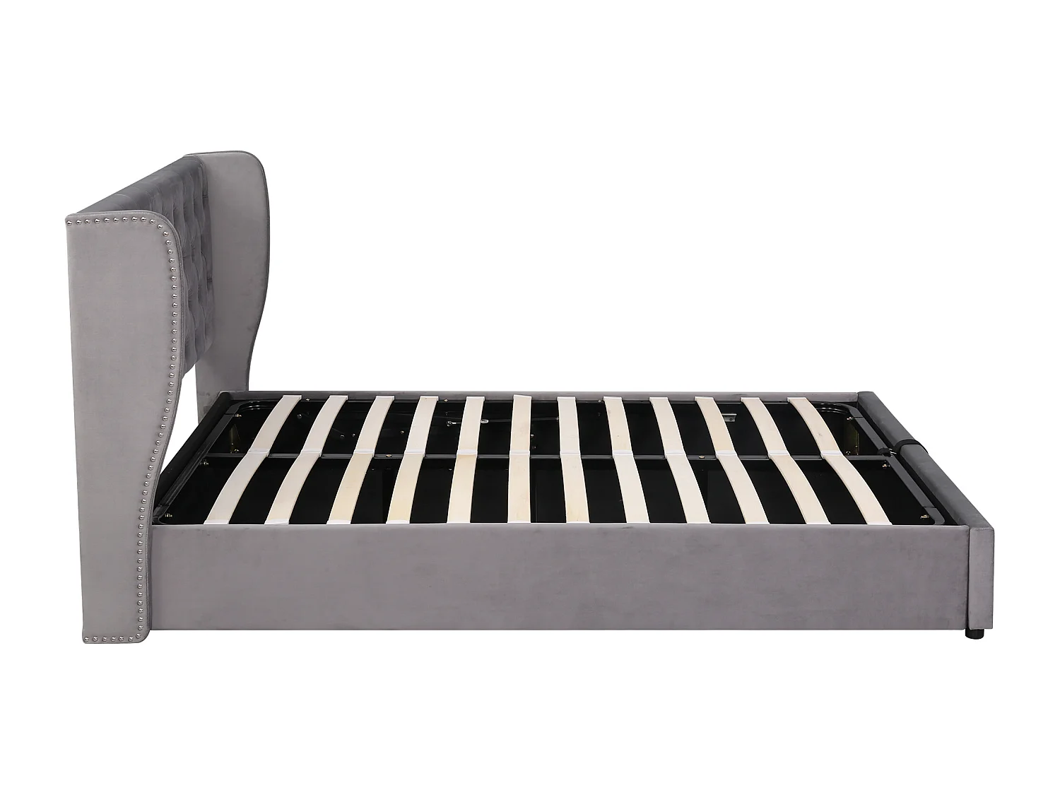 Cama baú dupla 140x200 cm em forma de orelhas, veludo cinza com botões grandes (sem colchão)