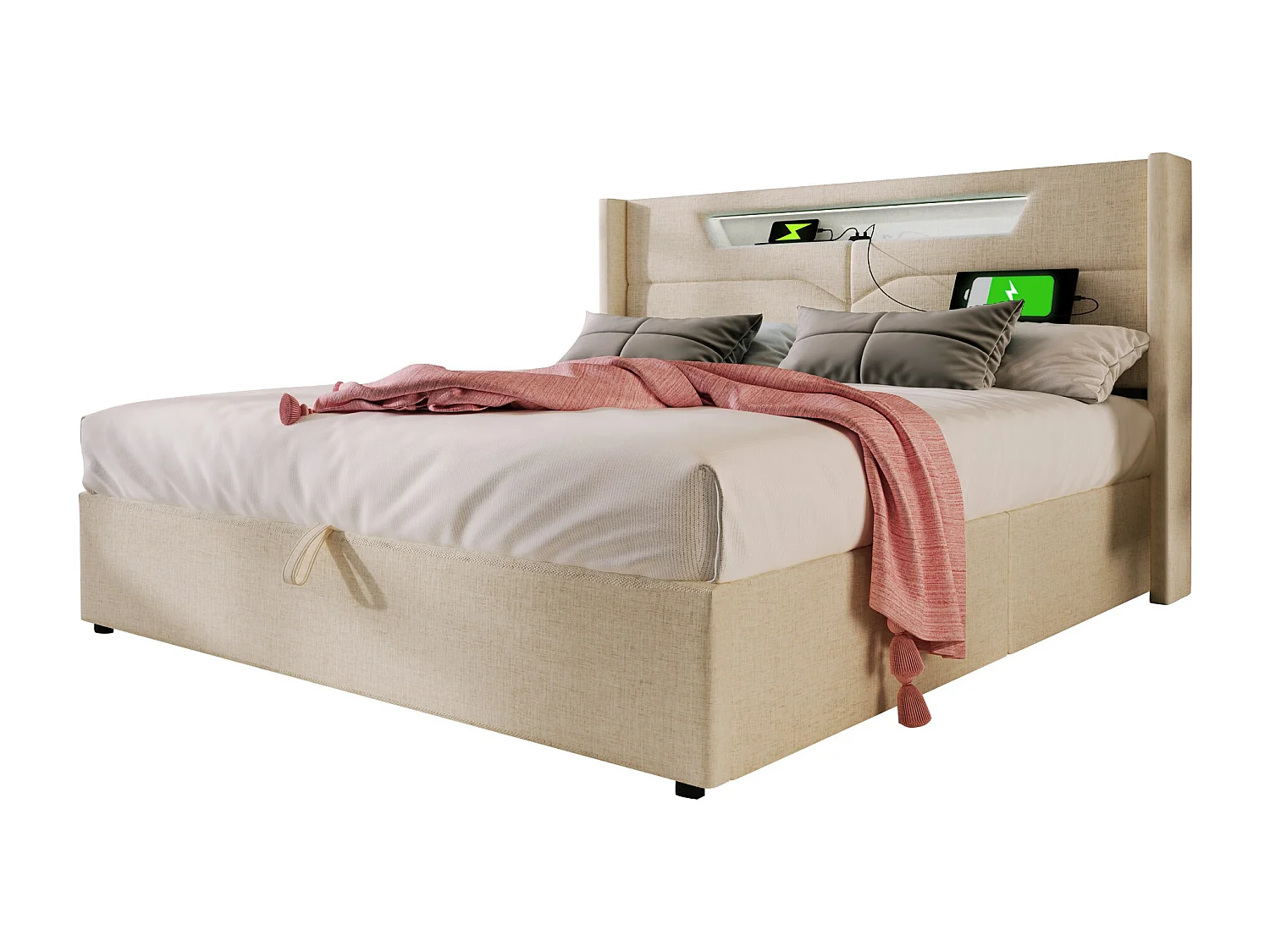Lit Coffre 160x200 cm, lit adulte avec rangement, LED et charge USB-C - Lin naturel, sans matelas