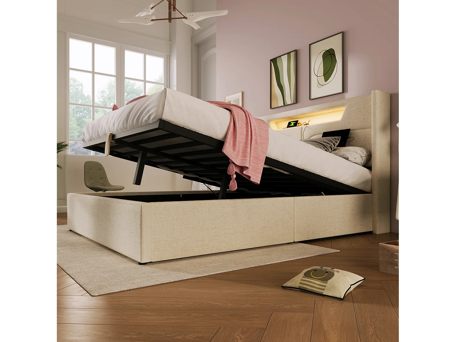 Lit Coffre 160x200 cm, lit adulte avec rangement, LED et charge USB-C - Lin naturel, sans matelas