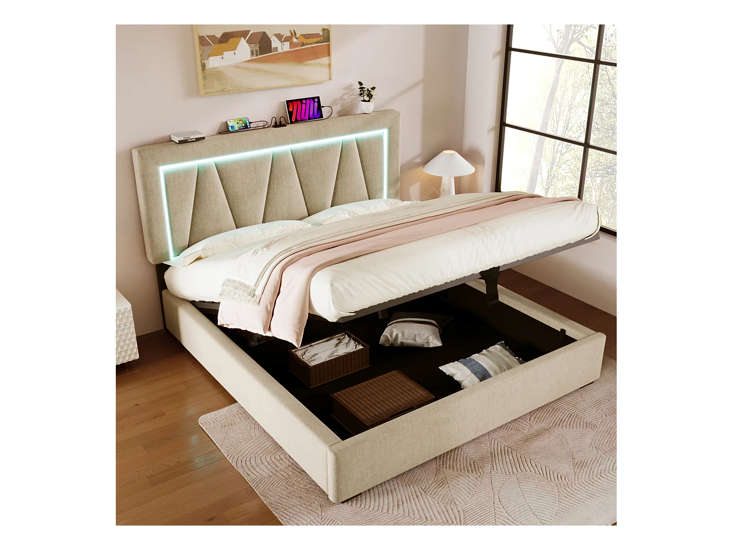 Lit 160x200 LED/USB-C - Tête de lit lumineuse - Rangement pratique - lin beige (matelas non inclus)