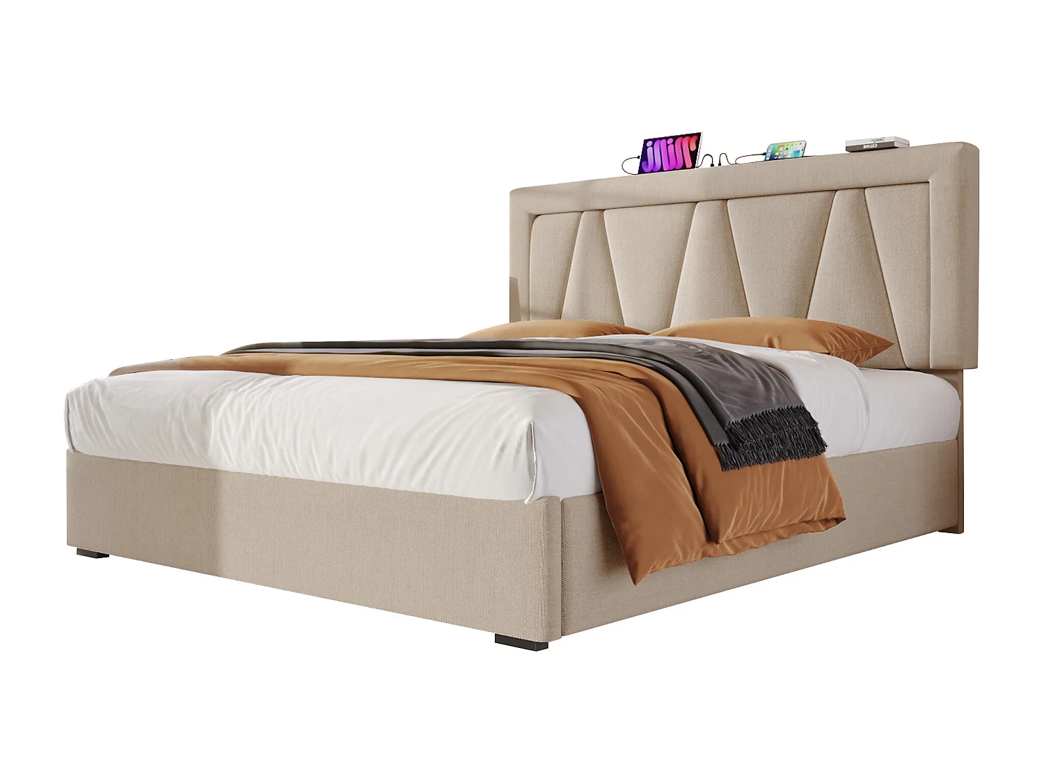 Cama 160x200 com LED/USB-C – Cabeceira iluminada – Armazenamento prático – Linho bege (sem colchão)