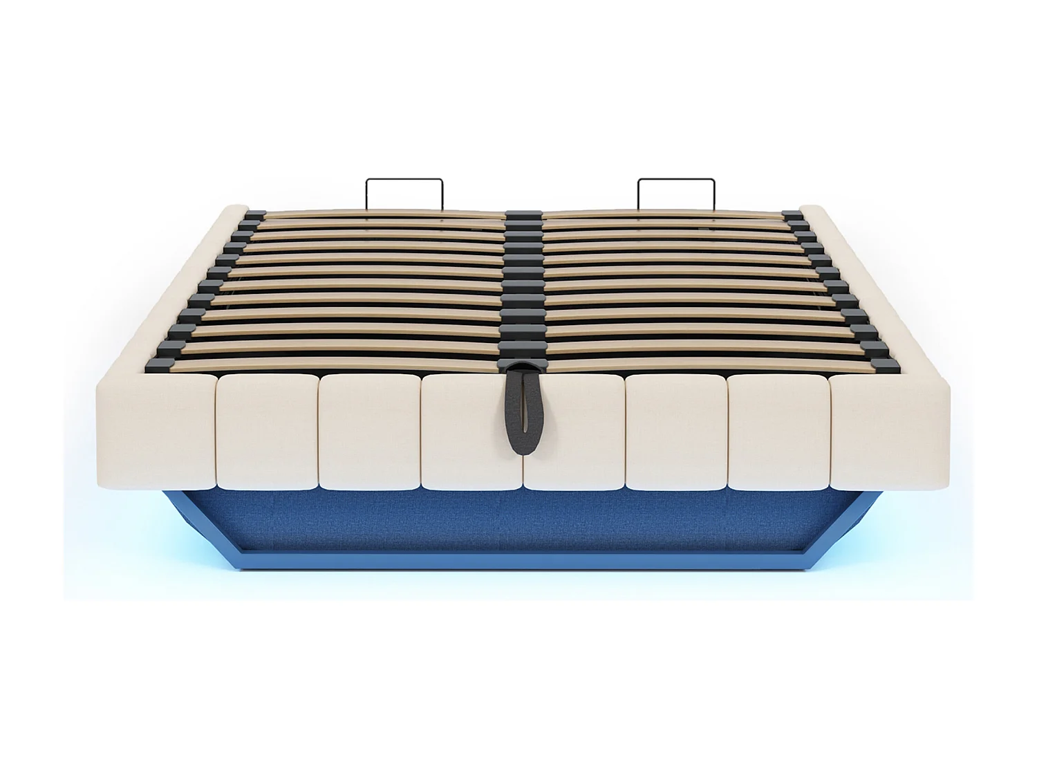 Gestoffeerd bed 160x200 cm zonder hoofdbord – hydraulisch zwevend frame, LED, ingebouwde opbergruimte – Beige linnen (zonder matras)